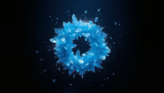 Floating torus of bright blue crystalline shards hovering in dark void, with drifting fragments
