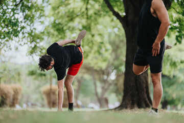 Two men in athletic wear stretch in a green park as one bends to touch his foot while the other stands nearby, creating a relaxed, energetic outdoor fitness moment.