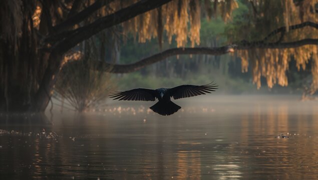 Gliding solitary dark bird skimming misty swamp water at dawn, with Spanish moss-draped trees - Powered by Adobe