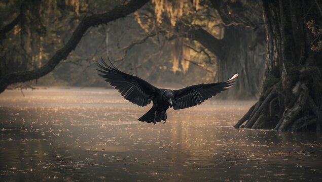 Gliding black bird descending over swamp water, with floating leaves, oak roots and Spanish moss