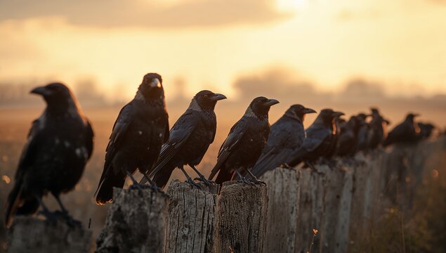 Dark-feathered ravens perching on wood-and-wire fence posts in tall grass, with distant treeline