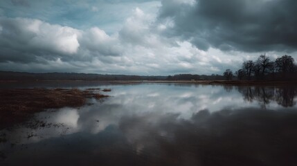 A serene landscape features a flooded field with calm water reflecting a dramatic overcast sky and distant treeline
