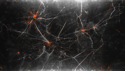 Forming network in digital space, with glowing white filaments, orange nodes and dark border