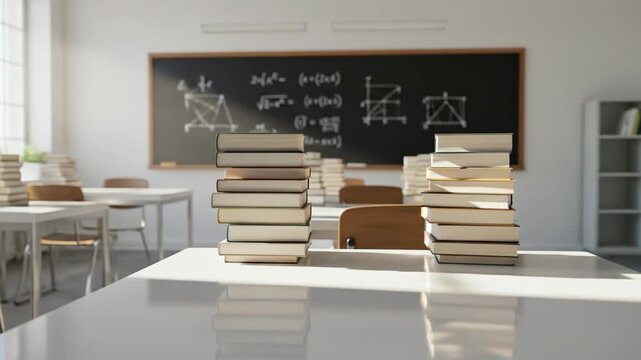 A classroom setting with white tables, stacks of books, a blackboard filled with formulas