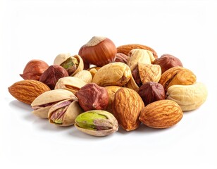Pile of Mixed Nuts Including Almonds Hazelnuts and Pistachios on White Background