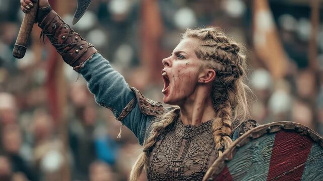 Fierce Warrior Woman Rallying Her Troops in Battle