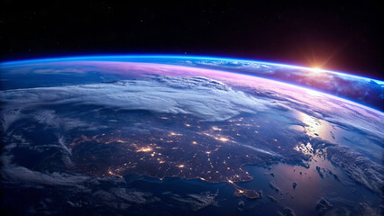 Fototapeta premium View of Earth from space at dawn, showcasing the bright city lights on the surface and the stunning colors of the atmosphere. The image captures the beauty of our planet's curvature and the horizon