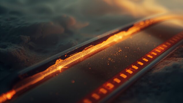 Emitting narrow channel containing molten-like material on coarse granular base, with sparks rising - Powered by Adobe