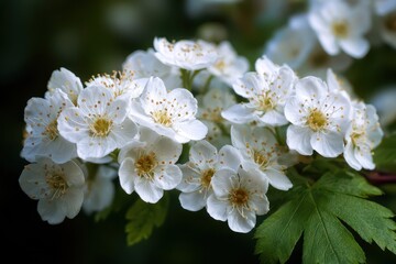 Hawthorne Flowers. Blooming Blossoms of Clean White May Botanical Garden