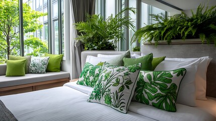 A modern hotel room interior featuring a bed with bright green nature-themed pillows, large windows showcasing lush green plants outside, creating a calming, nature-inspired retreat.
