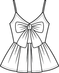 Sleeveless top fashion sketch, spaghetti straps, deep V-neckline, bow detail, flared hem, pleated design, garment illustration, stylish apparel drawing