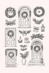 Hand-Drawn Christmas Door with Wreath Vector Set | Festive Holiday Line Illustrations