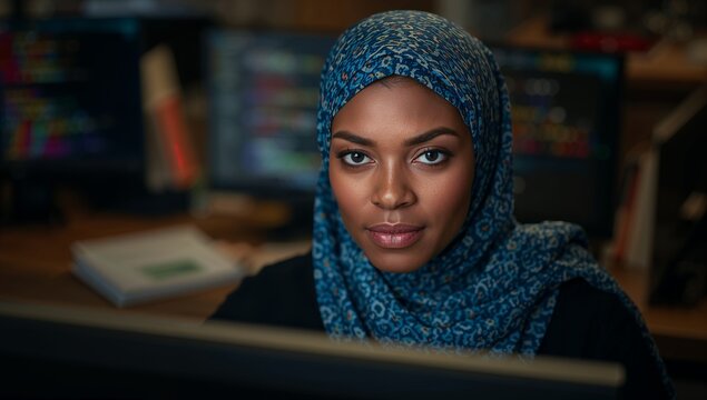 Coding software developer wearing blue hijab at office desk, with PC setup, notebook, desk lamp - Powered by Adobe