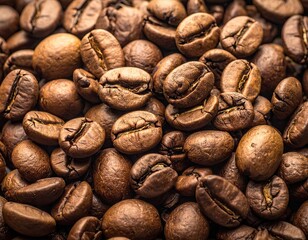 Pile of Roasted Coffee Beans with Golden Highlights in Warm Light Macro Photography