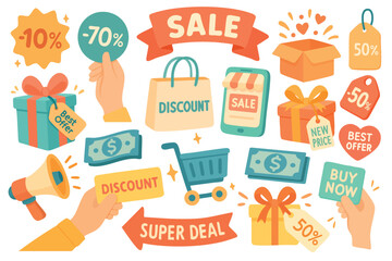 Bright flat illustration with sale and discount icons including gifts, tags, money, and shopping elements.