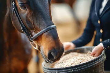 Horse Supplement. Woman Management: Adding Feeding Pellet to Horse Food Bucket