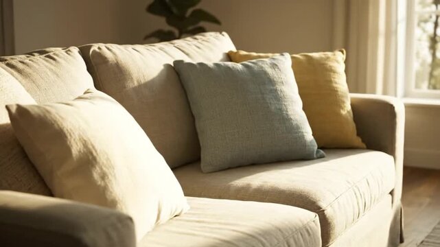 Comfortable Sofa with Pillows bathed in Warm Sunlight