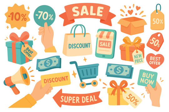 Bright flat illustration with sale and discount icons including gifts, tags, money, and shopping elements.