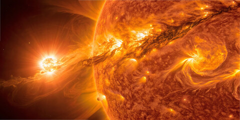 This vivid scene displays intense solar flares bursting from the sun's surface, showcasing dynamic solar activity during a solar observation event at dusk. The energy radiates with brilliant colors