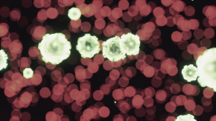 Floating particles create a mesmerizing display of vibrant colors against a dark backdrop, evoking a sense of wonder and curiosity in a dreamlike setting.