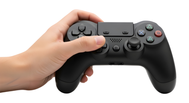 Hand holding black video game controller isolated PNG with Transparent Background