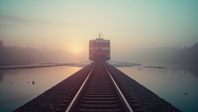 Gliding red-and-white tram traveling along narrow stone causeway at misty lake, with rising sun - Powered by Adobe