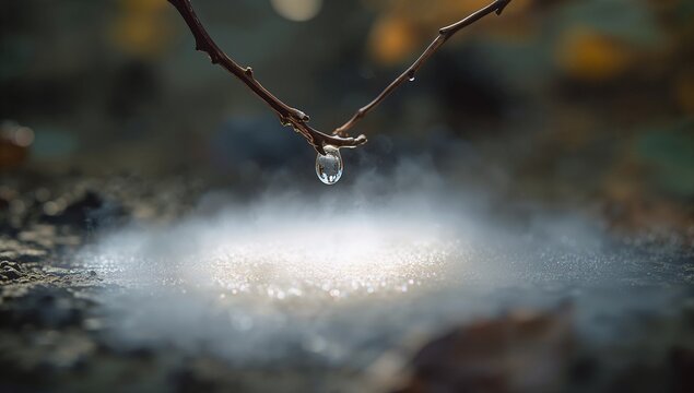 Hanging single clear water droplet from thin brown twig above frosty ground, with foliage bokeh - Powered by Adobe