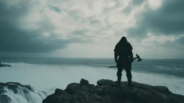 Brave Warrior Standing on Rocky Cliff Against Stormy Sky