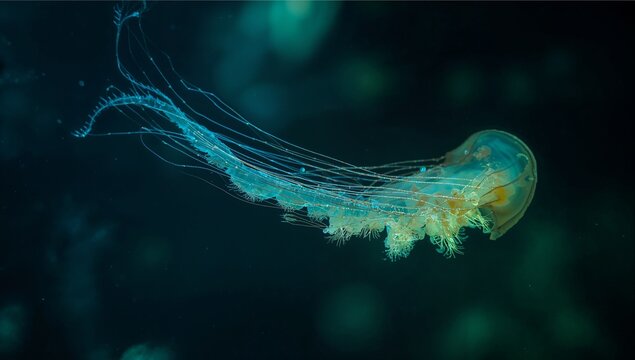 Drifting translucent jellyfish gliding through deep water, with trailing tentacles and oral arms - Powered by Adobe