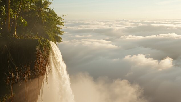 Cascading waterfall flowing by mossy cliff with tropical plants in forest, misty clouds, copy space - Powered by Adobe