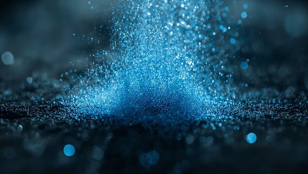 Glittering fine blue particles falling on studio tabletop, with dark reflective surface - Powered by Adobe