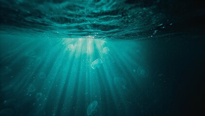 Floating translucent jellyfish drifting below ocean surface, with sunlight illuminating particles