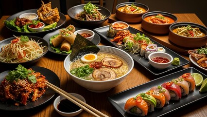 A vibrant, top-down angle view of a wooden table filled with a colorful and diverse spread of Asian food.