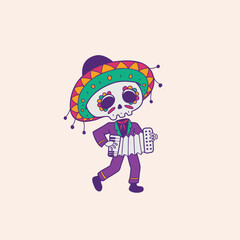 Vibrant cartoon skeleton character celebrating with a festive sombrero and accordion, embodying a cheerful cultural music performance for a lively celebration design