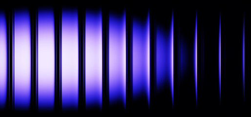 Ribbed fractal glass gradient texture with pulse neon violet blue glow on black 3d background. Futuristic wallpaper with vertical stripe pattern and wave light effect, vibrant design. 3D illustration