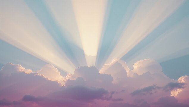 Displaying cumulus cloud formation glowing at dusk, with pastel sky gradients and crepuscular rays
