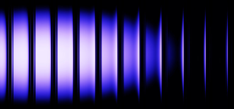 Ribbed fractal glass gradient texture with pulse neon violet blue glow on black 3d background. Futuristic wallpaper with vertical stripe pattern and wave light effect, vibrant design. 3D illustration
