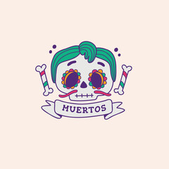 Stylized sugar skull with a mustache and floral eyes for the Day of the Dead. A festive and traditional Mexican 'Muertos' holiday illustration