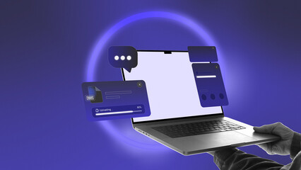 Modern composition. Laptop with floating chat bubbles and upload icons showing cloud transfer process. Concept of cloud computing, data synchronization, and remote digital collaboration.