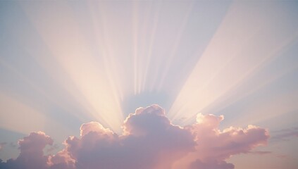 Glowing pastel-colored cumulus cloud bank stretching across sunrise sky, with sun rays streaming