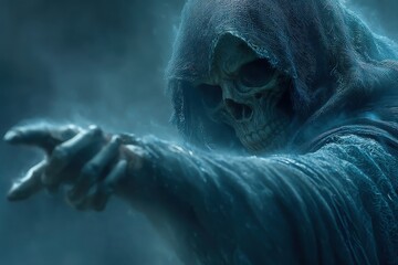 Fototapeta premium Grim Reaper in a Mysterious Cloak Under Intense Atmospheric Lighting