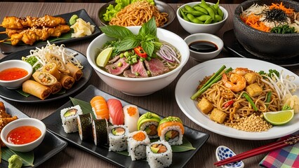 An exquisite top-down view of a lavish Pan-Asian feast beautifully arranged on a dark wooden table.