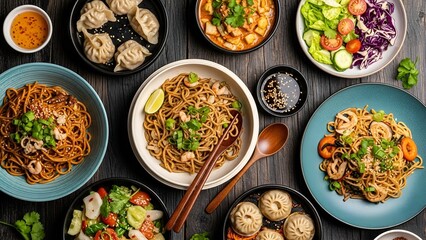 A vibrant, top-down flat lay composition of an abundant Asian food spread.
