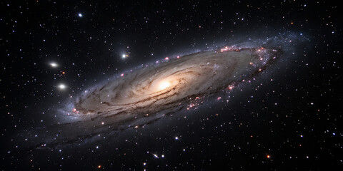 Fototapeta premium A stunning spiral galaxy is seen against a backdrop of countless stars and cosmic dust. The bright center glows amidst swirling formations, creating a mesmerizing view of the universe