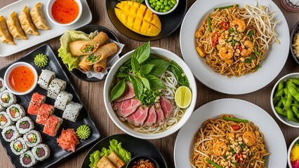 A dynamic top-down flat lay composition showcasing a large feast of popular Pan-Asian cuisine.