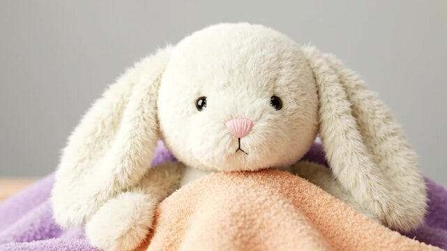 A soft white bunny plush toy sits comfortably on a cozy orange and purple blanket.