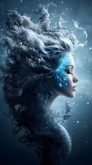 Fototapeta premium Ethereal Woman with Flowing Hair and Cosmic Elements in Dreamy Space