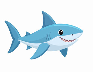 Fototapeta premium A cheerful cartoon illustration of a blue shark with fins and tail, showing sharp teeth and a friendly smile