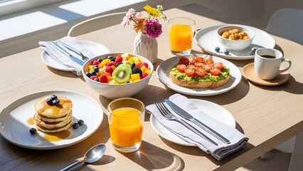 A bright and cheerful breakfast spread on a light wood table, illuminated by natural daylight.