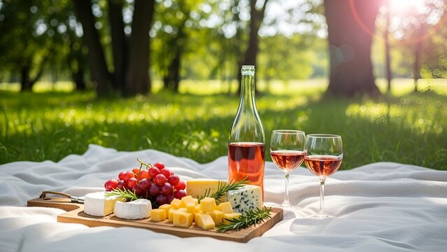 A serene summer picnic setup in a sunny park. On a white blanket, a wooden board holds an assortment of cheeses and fresh red grapes.